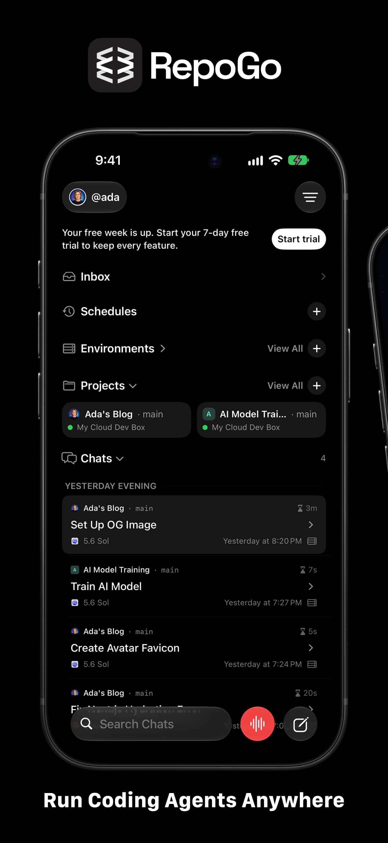 RepoGo home on iPhone listing Inbox, Schedules, Environments, two project cards, and yesterday's agent chats