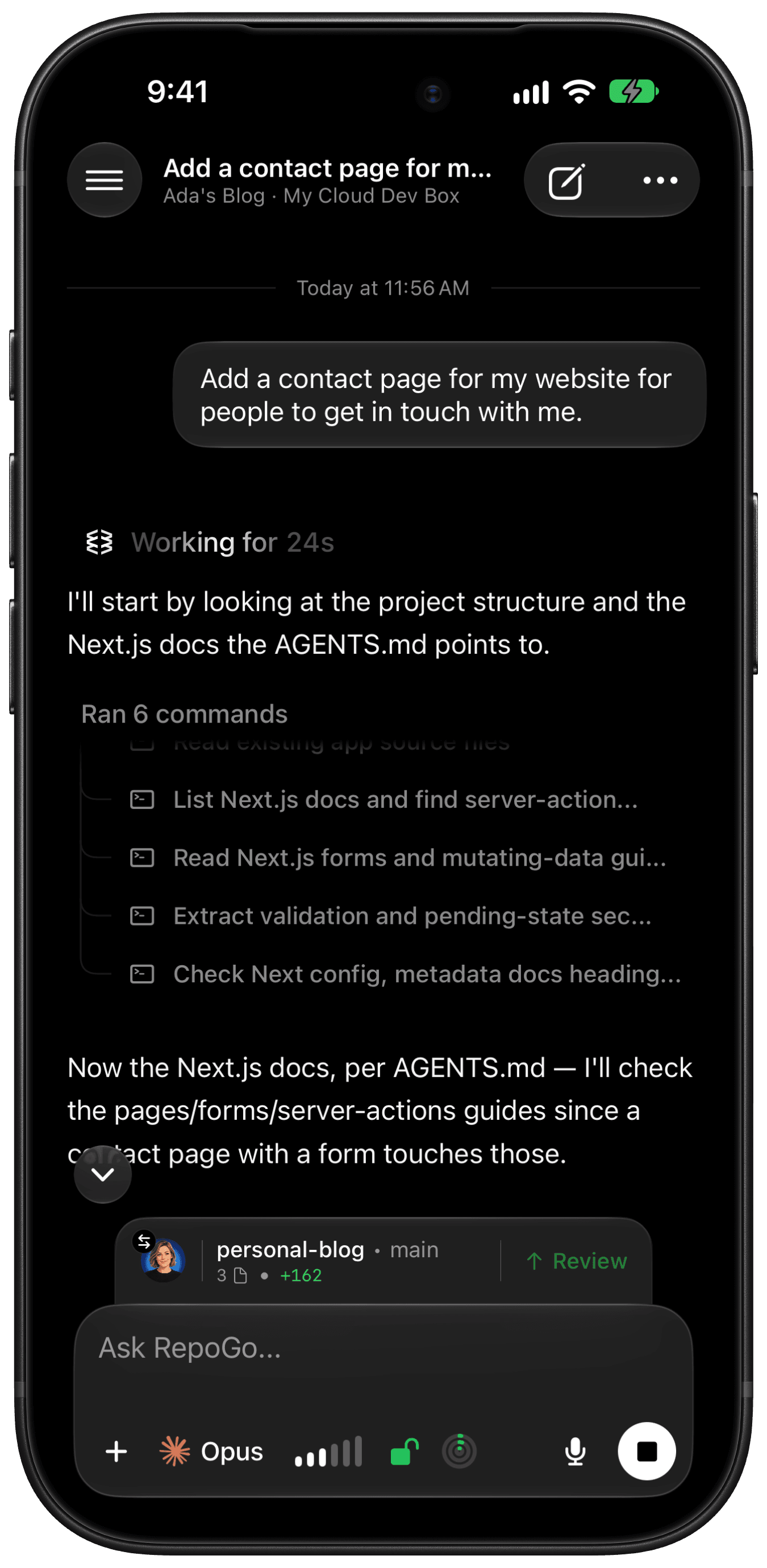 A coding agent building a marketing site in RepoGo chat