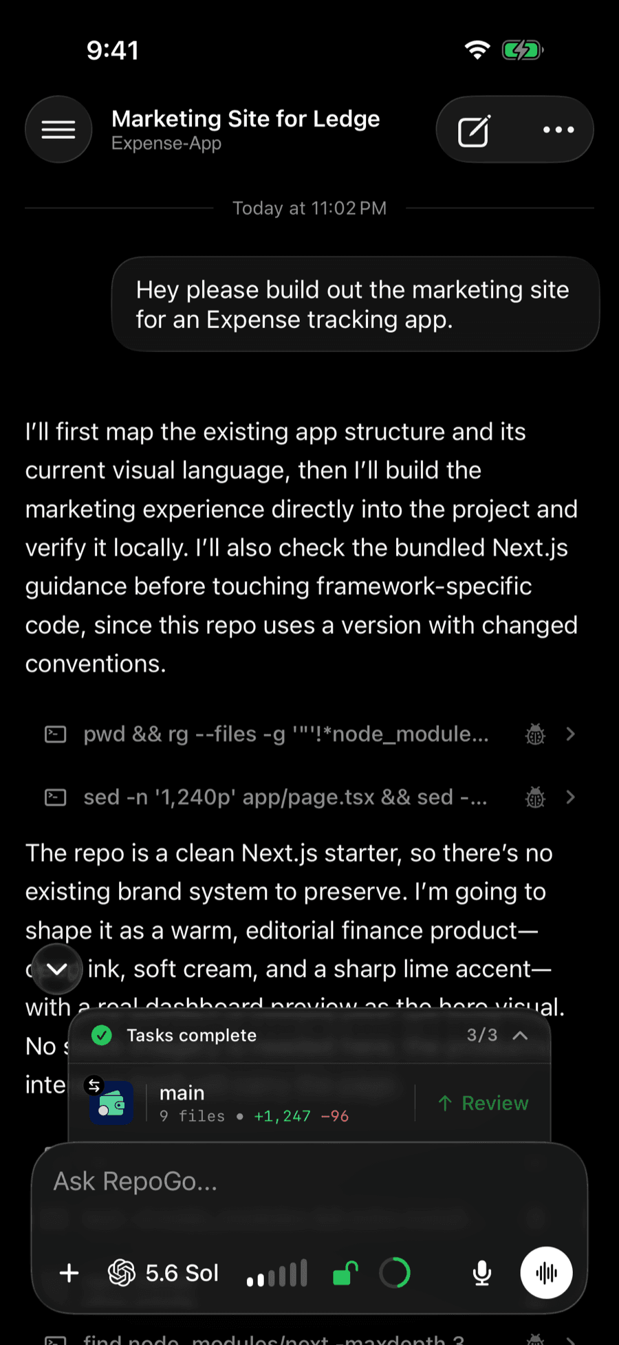 A coding agent building a marketing site in RepoGo chat