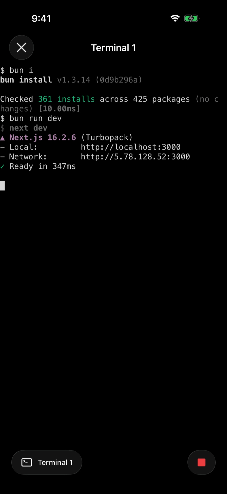 Terminal output from a connected development environment